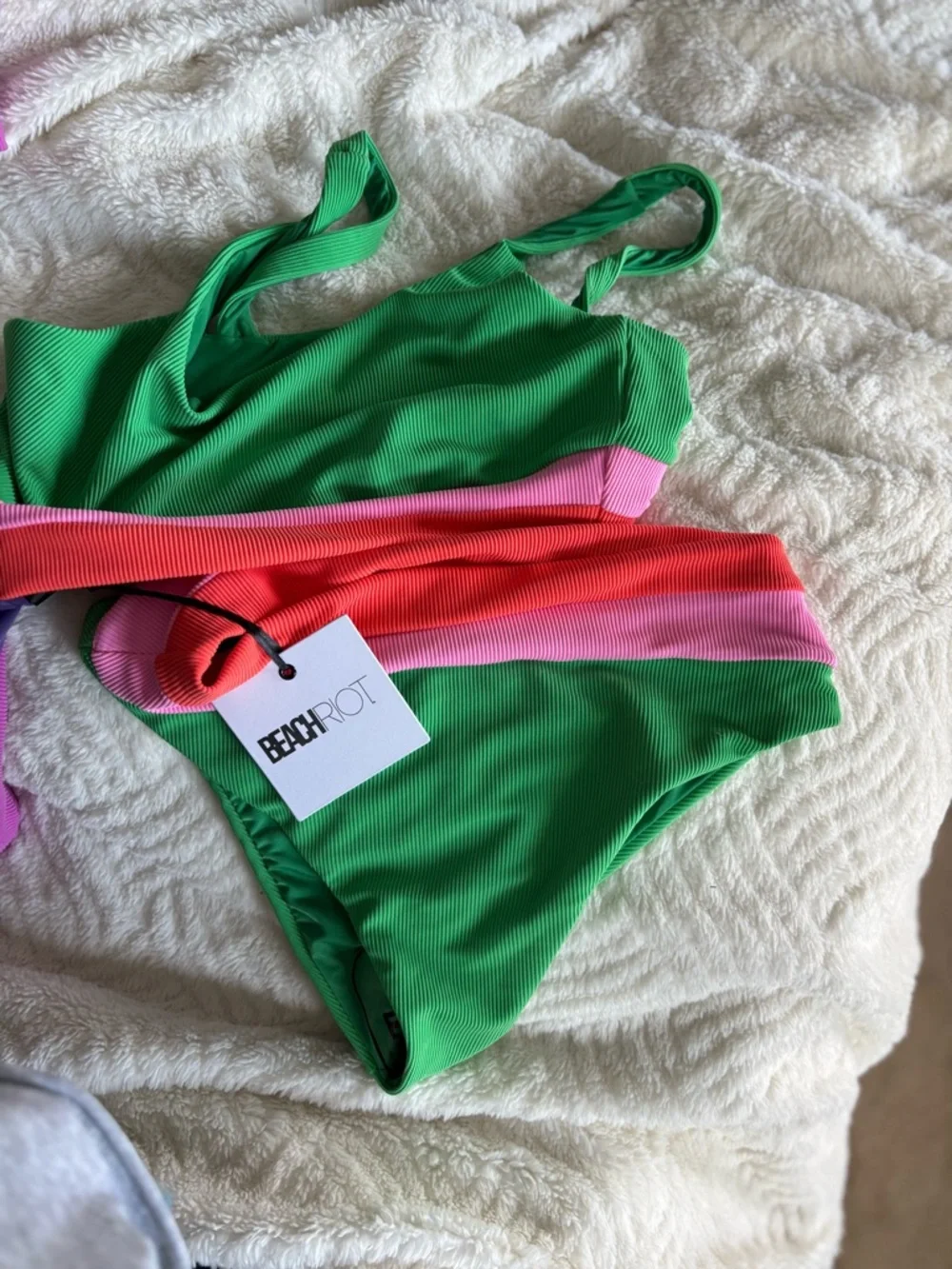 Ribbed Colorblock High-Waist Bikini in Green-L top M bottom - Picture 2 of 4